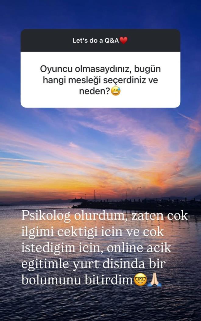 "OYUNCU OLMASAYDIM PSKOLOG OLURDUM"    Uzun sredir ekranlardan uzak olan nl isim, "Oyuncu olmasayd hangi meslei seerdiniz?" sorusuna "Psikolog olurdum" diye yant verdi.    Pamuk, bu alanda online bir eitim aldn da aklad.