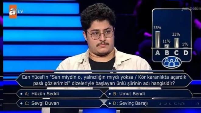 Yarmac, soruda seyirci joker hakkn kulland. Seyircilerin yzde 55'i 'A- Hzn Seddi' cevabn verdi.