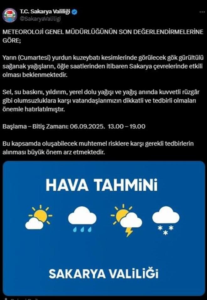 SAKARYA VALL'NDEN UYARI    Sakarya Valilii, Meteoroloji Genel Mdrl?nn son deerlendirmelerine gre ehir genelinde yarn le saatlerinden itibaren etkili olmas beklenen kuvvetli saanak yaa kar vatandalar uyard.