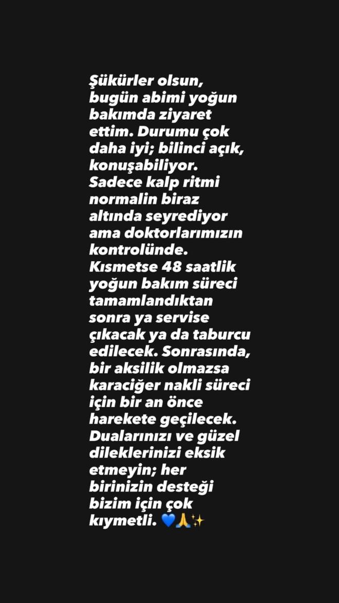 "KRLER OLSUN AABEYM Y"    nay'n ardndan Umut zkan da aabeyini youn bakmda ziyaret ettiini ve durumunun iyi, bilincinin ak olduunu ifade etti.    Aklamada Ufuk zkan'n 48 saat sonunda servise kaca ya da taburcu olaca belirtildi.