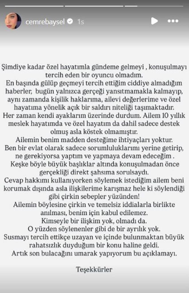 <h2 class="womanpage-gallery-detail-sub-title womanpage-gallery-detail-card-frame--sub-title">"DDALAR SALDIRI NTEL TAIMAKTADIR"</h2>              <p class="card-text gallery-page-hero-card-text"></p><p>imdiye kadar zel hayatyla gndeme gelmeyi tercih etmediini ifade eden Cemre Baysel, "En bata glp gemeyi tercih ettiim, ciddiye almadm haberler bugn yalnzca gerei yanstmamakla kalmayp; ayn zamanda kiilik haklarma, ailevi deerlerime ve zel hayatma ynelik ak bir saldr nitelii tamaktadr" dedi.</p>  <p>Kendi ayaklar zerinden durduunu ifade eden Baysel, ailesinin kendisine her konuda destek olduunu ifade etti.</p>