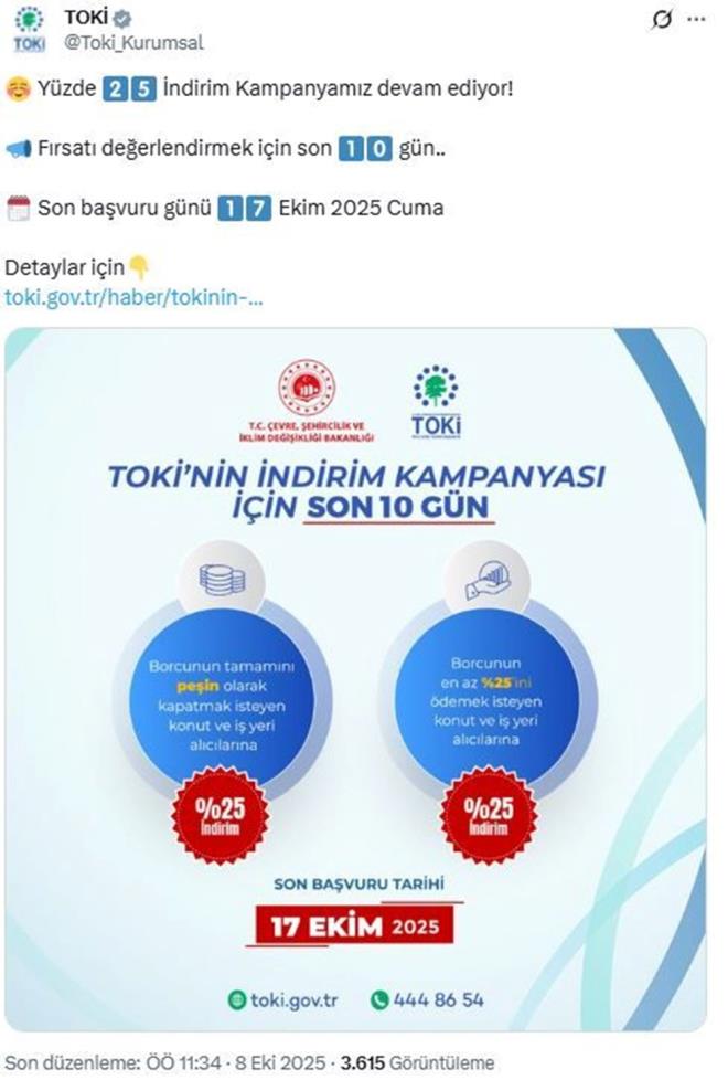 <h2 class="gallery-item-title">TOK BAVURULARI N SON GN NE ZAMAN?</h2>                <p>Borcunun tamamn kapatamayan 341 konut ve i yeri alcs ise yaptklar pein demelerle yzde 25 indirim kampanyasndan faydaland.<br><br>Bavurular, 17 Ekim Cuma gn mesai bitimine kadar ilgili bankalara yaplabilecek. Bu tarihten sonra gerekletirilecek bor kapatmalarda indirimden yararlanlamayacak</p>