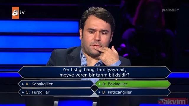 <p><strong>Kim Milyoner Olmak ster?"</strong>da altnc soru bu kez botanik bilgisi zerineydi. Yarmacya, yer fstnn hangi familyaya ait olduuna dair bilgi len u soru yneltildi:</p>  <p><strong>"Yer fst hangi familyaya ait, meyve veren bir tarm bitkisidir?"</strong></p>  <p>klarda u seenekler yer ald:<br> <strong>A: Kabakgiller<br> B: Baklagiller<br> C: Turpgiller<br> D: Patlcangiller</strong></p>  <p>Yarmac, doru cevap olan <strong>"B: Baklagiller"</strong> seeneini iaretleyerek soruyu doru yantlad.</p>