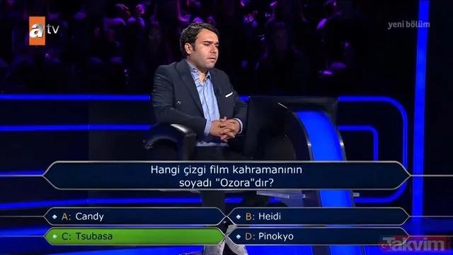 <p><strong>"Kim Milyoner Olmak ster?</strong>"da beinci soru izgi film tutkunlarn glmsetti. Yarmacya, popler izgi film karakterleri arasndan bir soyad eletirmesi soruldu:</p>  <p><strong>"Hangi izgi film kahramannn soyad 'Ozora'dr?"</strong></p>  <p>klarda u seenekler yer ald:<br> <strong>A: Candy<br> B: Heidi<br> C: Tsubasa<br> D: Pinokyo</strong></p>  <p>Yarmac, doru cevap olan<strong> "C: Tsubasa"</strong> seeneini iaretledi</p>