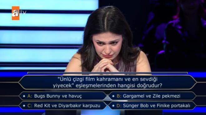Gen� yar��mac�ya, "�nl� �izgi film kahraman� ve en sevdi�i yiyecek e�le�melerinden hangisi do�rudur?" diye soruldu.