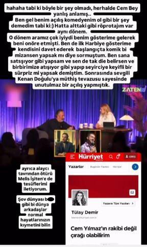 <p>Kaan Sekban'dan �nl� komedyenin bu imal� s�ylemlerine cevap gecikmedi. Sekban, sosyal medya �zerinden a��klama yaparak iddialar� yalanlad� ve olay�n asl�n� anlatt�.</p>    <p><em><strong>"Tabi ki b�yle bir �ey olmad�, herhalde Cem Bey yanl�� anlam��. Ben gel benim a��l�� komedyenim ol gibi bir �ey demedim tabi ki. Hatta alttaki gibi r�portaj�m var ayn� d�nem.&nbsp;O d�nem aram�z �ok iyiydi benim g�sterime gelerek beni onore etmi�ti. Ben de ilk Harbiye g�sterime kendisini davet ederek ba�lang��ta komik bir mizansen yapsak m� diye sormu�tum. Ben sana sata��yor gibi yapsam ve sen de tak diye belirsen ve birbirimize at���yor gibi yap�p seyirciye keyifli bir s�rpriz mi yapsak demi�tim.&nbsp;Sonras�nda sevgili Kenan Do�ulu'ya m�thi� tevazusu sayesinde unutulmaz bir a��l�� yapm��t�k"</strong></em>&nbsp;dedi.</p>