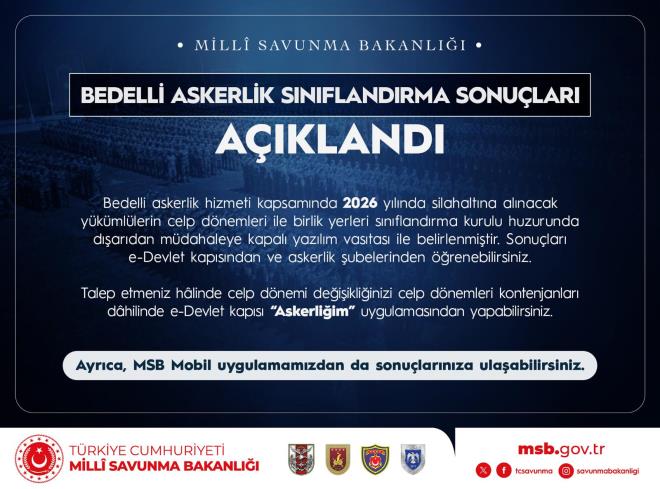 <p><strong>MSB'DEN A�IKLAMA</strong></p><p><u>Milli Savunma Bakanl���'n�n sosyal medya hesab�ndan yapt��� a��klamada �u ifadelere yer verildi;</u></p><p><strong>"Bedelli askerlik s�n�fland�rma sonu�lar� a��kland�. Bedelli askerlik hizmeti kapsam�nda 2026 y�l�nda silahalt�na al�nacak y�k�ml�lerin celp d�nemleri ve birlik yerleri belirlenmi�tir.</strong></p><p><strong>Sonu�lar�n�z� e-Devlet kap�s�, askerlik �ubeleri ve MSB Mobil uygulamas� �zerinden ��renebilirsiniz."</strong></p>