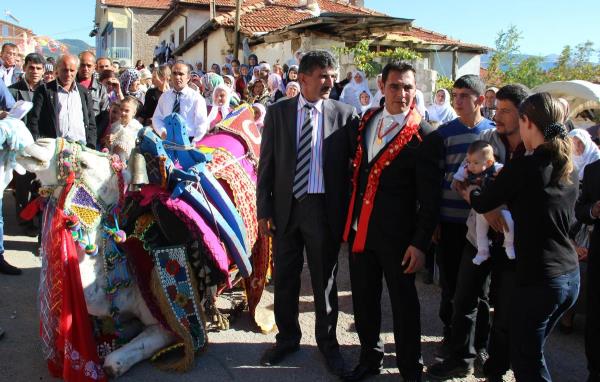 <p>Kz evinde yaplan dn treninin ardndan damat Kaplan, ei Hatice Kaplan'     deveye bindirdi. ift, deve zerinde belde meydanndaki kavakta bir sre gezdikten     sonra Cumhuriyet Mahallesi'ndeki evlerine gitti.</p>  <p>Damat Tanyer Kaplan, AA muhabirine yapt aklamada, uzun zamandr farkl     bir gelin arabas tasarladn syledi. Geleneksel gnleri ok sevdiini ifade     eden Kaplan, &quot;Ben dier damatlar gibi lks arabalar yerine deveyi tercih     ettim. Deve admlarn yava atar. Fakat emin admlarla ilerler. Umarm bizim     hayatmzda da emin admlarla ilerlemek nasip olur. Eim srprizimi umarm beenmitir&quot;     diye konutu. </p>