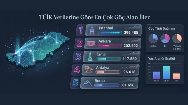 <p><strong>B�Y�K �EH�RLER G���N MERKEZ�</strong></p> <p>T��K verilerine g�re T�rkiye'de en fazla g�� alan iller uzun s�redir de�i�miyor. �zellikle b�y�k�ehirler, hem e�itim hem de i� imkanlar� nedeniyle gen� n�fusu �ekiyor.</p> <p>-�stanbul, en fazla g�� alan il olmay� s�rd�r�yor.</p> <p>-Ankara, �niversiteleri ve kamu sekt�r�yle �ne ��k�yor.</p> <p>-�zmir, ya�am kalitesi ve e�itim olanaklar�yla tercih ediliyor.</p> <p>-Antalya, turizm sekt�r�n�n sa�lad��� i� imkanlar�yla dikkat �ekiyor.</p> <p>-Bursa ve Kocaeli, sanayi ve �retim merkezleri olarak �ne ��k�yor.</p>