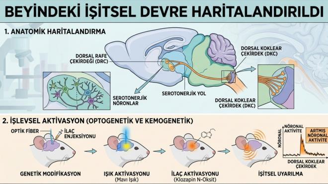 <p><strong>BEY�NDEK� ���TSEL DEVRE HAR�TALANDIRILDI</strong></p> <p>Bilim insanlar� �ncelikle, beyinde serotonin �reten dorsal rafe �ekirde�inden, i�itsel sinyallerin i�lendi�i dorsal koklear �ekirde�e uzanan sinir yolunu haritaland�rd�. Bu yolun, sesin beyinde nas�l alg�land���n� d�zenlemede �nemli rol oynad��� biliniyor.</p> <p>Daha sonra genetik olarak de�i�tirilen farelerde, bu serotonerjik n�ronlar ���k ve ila� yard�m�yla aktive edildi. Sonu�lar, bu aktivasyonun i�itsel b�lgede belirgin bir uyar�lmaya yol a�t���n� g�sterdi.</p>