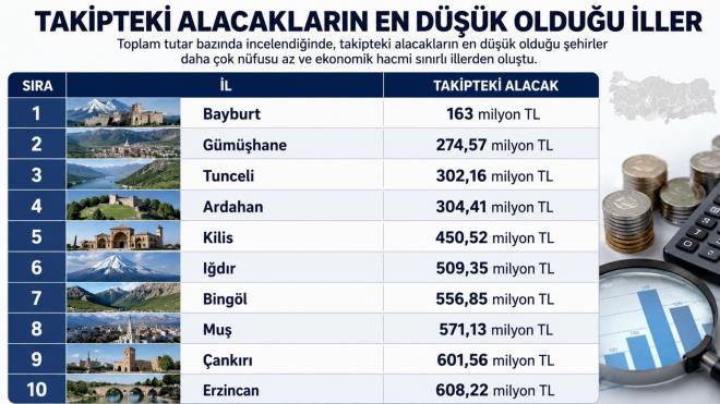 <p><strong><span style="background-color:#FFFFE0">TAK�PTEK� ALACAKLARIN EN D���K OLDU�U �LLER</span></strong></p> <p>Toplam tutar baz�nda incelendi�inde, takipteki alacaklar�n en d���k oldu�u �ehirler daha �ok n�fusu az ve ekonomik hacmi s�n�rl� illerden olu�tu.</p> <p>Bayburt - 163 milyon TL<br> G�m��hane - 274,57 milyon TL<br> Tunceli - 302,16 milyon TL<br> Ardahan - 304,41 milyon TL<br> Kilis - 450,52 milyon TL<br> I�d�r - 509,35 milyon TL<br> Bing�l - 556,85 milyon TL<br> Mu� - 571,13 milyon TL<br> �ank�r� - 601,56 milyon TL<br> Erzincan - 608,22 milyon TL </p> <p>�stanbul'daki takipteki alacak miktar�n�n, listenin son s�ras�ndaki Bayburt'un yakla��k 1.303 kat�na ula�mas� dikkat �ekti.</p>