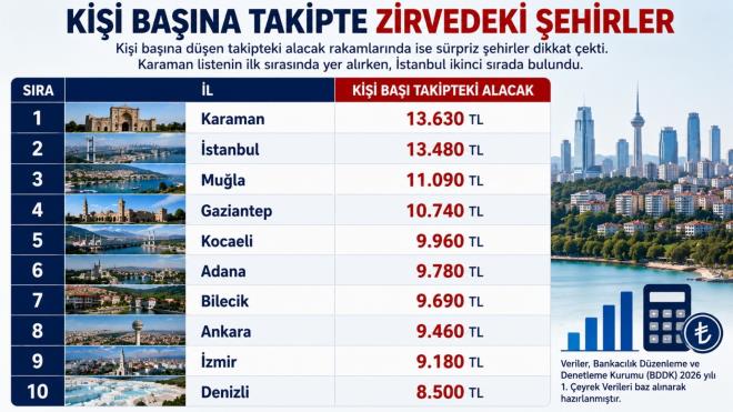 <p><strong><span style="background-color:#FFFFE0">K��� BA�INA TAK�PTE Z�RVEDEK� �EH�RLER</span></strong></p> <p>Ki�i ba��na d��en takipteki alacak rakamlar�nda ise s�rpriz �ehirler dikkat �ekti. Karaman listenin ilk s�ras�nda yer al�rken, �stanbul ikinci s�rada bulundu.</p> <p>Karaman - 13.630 TL<br> �stanbul - 13.480 TL<br> Mu�la - 11.090 TL<br> Gaziantep - 10.740 TL<br> Kocaeli - 9.960 TL<br> Adana - 9.780 TL<br> Bilecik - 9.690 TL<br> Ankara - 9.460 TL<br> �zmir - 9.180 TL<br> Denizli - 8.500 TL</p> <p>Uzmanlara g�re �zellikle �retim, sanayi ve ticaretin yo�un oldu�u �ehirlerde kredi kullan�m� daha y�ksek oldu�u i�in takipteki alacak rakamlar� da art�� g�steriyor.</p>