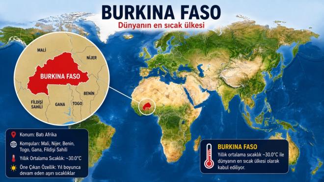 <p><strong>D�NYANIN EN SICAK �LKES� BURKINA FASO</strong></p> <p>Yakla��k 30�C y�ll�k ortalama s�cakl��a sahip olan Burkina Faso, y�l boyunca etkisini s�rd�ren kavurucu hava ko�ullar�yla d�nyan�n en s�cak �lkesi olarak g�steriliyor.</p>