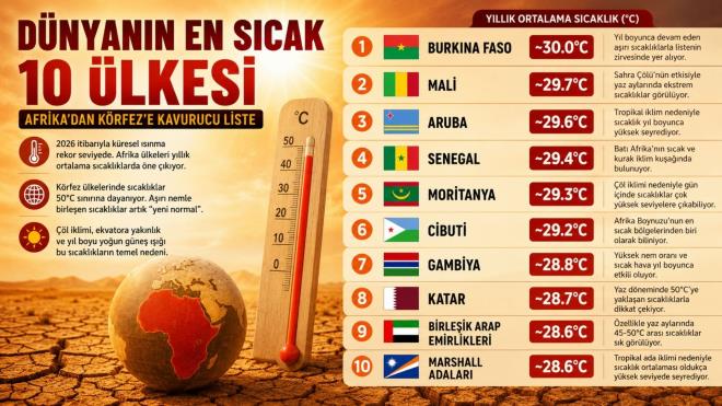 <p><strong>EN SICAK 10 �LKEDE KAVURUCU REKORLAR </strong></p> <p>D�nyan�n en s�cak �lkeleri s�ralamas�, y�ll�k ortalama s�cakl�k de�erlerine g�re belirlendi�inde listenin ba��nda Bat� Afrika �lkeleri yer al�yor. Y�l boyunca etkisini s�rd�ren kavurucu s�cakl�klar nedeniyle Burkina Faso, yakla��k 30�C'lik y�ll�k ortalama s�cakl���yla d�nyan�n en s�cak �lkesi olarak �ne ��k�yor. Mali ve Senegal gibi Sahra ��l�'ne yak�n �lkeler de listenin �st s�ralar�nda bulunuyor.</p>