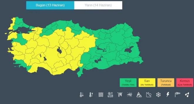 <p><strong>34 �LE SARI KODLU UYARI</strong></p>  <p>Meteoroloji Genel M�d�rl���; Adana, Afyonkarahisar, Ankara, Antalya, Ayd�n, Bilecik, Burdur, Bursa, �anakkale, �ank�r�, �orum, Denizli, Edirne, Eski�ehir, Isparta, Mersin, �zmir, Kayseri, K�r�ehir, Kocaeli, Konya, K�tahya, Manisa, Nev�ehir, Ni�de, Sakarya, Sivas, Tokat, U�ak, Yozgat, Aksaray, Karaman, K�r�kkale ve Osmaniye i�in sar� kodlu uyar�da bulundu.</p>