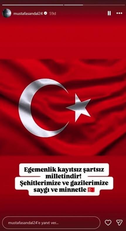 <p><strong>Mustafa Sandal:</strong></p>  <p>Egemenlik, kay�ts�z �arts�z milletindir. �ehitlerimize ve gazilerimize sayg� ve minnetle.</p>