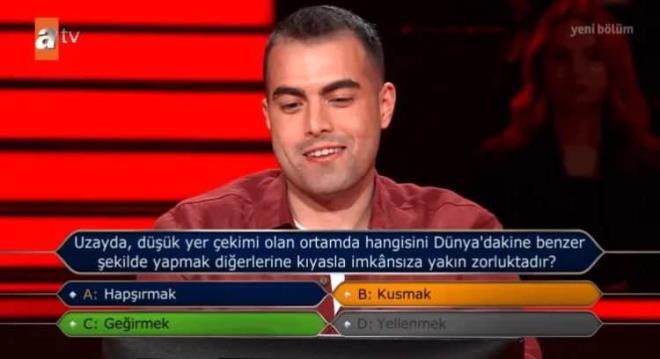 <strong>Uzayda yer �ekiminin �ok d���k olmas�, v�cuttaki gazlar�n D�nya’dakinden farkl� hareket etmesine neden oldu�u i�in uzayda ge�irmek, D�nya’dakine k�yasla olduk�a zor. Bu y�zden sorunun do�ru cevab� C ��kk� “Ge�irmek”ti.</strong>