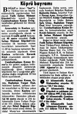 1985:Cumhurbakan Kenan Evren ve Babakan Turgut zal'n da katld trende, Evren'in alteri indirmesiyle dinamitler patlad ve Fatih Sultan Mehmet Kprs'nn temeli atlm oldu...