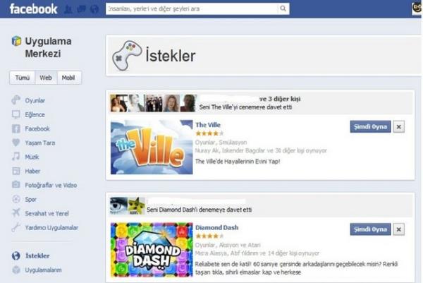 Facebook'tan gnderilen oyun istekleri