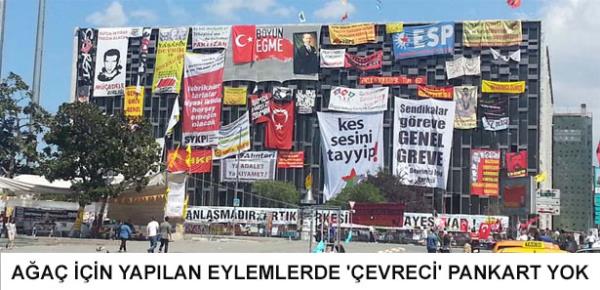 Taksim Gezi Park�'nda b�yle bir tablo varken, as�lan pankartlarda kullan�lan dil ise dikkatlerden ka�mad�. �zellikle Atat�rk K�lt�r Merkezi'ne as�lan ve polis taraf�ndan indirilen pankart ve afi�lerde ‘�evre duyarl�l���' konu edinen ifadeler yerine AK Parti ve Ba�bakan Recep Tayyip Erdo�an'� hedef al�nmas� eylemlerin hangi amaca hizmet etti�ini a��k�a g�steriyor.