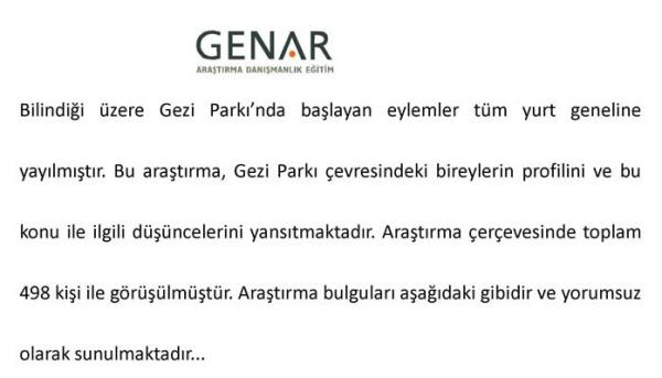 T�rkiye geneline yay�lan Gezi Park� eylemleri �zerine GENAR ara�t�rma �irketi bir anket yay�nlad�. Ara�t�rma, Gezi Park� �evresindeki bireylerin profilini ve bu konu ile ilgili d���ncelerinin ne oldu�unu g�zler �n�ne serdi.