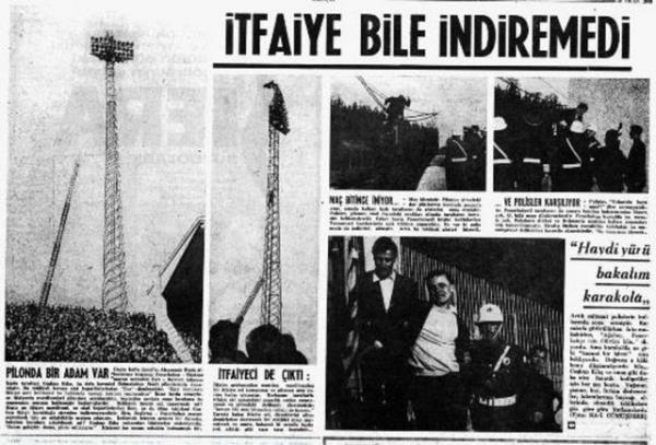 1968 te Fenerbahe'nin en lgn taraftar Cokun Kl... Alsancak Stad'nn pilonlarna trmanan "hasta taraftar" ma bitene kadar tepede kalyordu...
