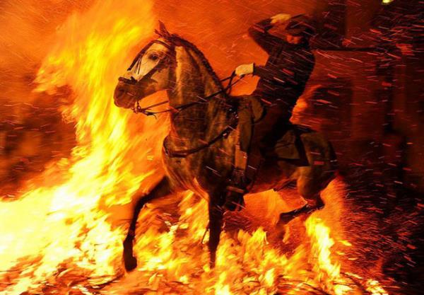 spanya'da San Bartolome de Pinares kasabasnda, 20 Ocak 2012'de, hayvanlarn koruyucu Azizi San Anton erefine yaplan enliklerin balamasna bir gn kala. Ve bu adam ise provalarda atn alevlere doru srerek, koruyucu Aziz San Anton'u onurlandrd.