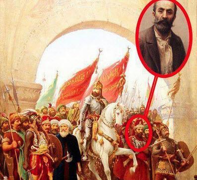 �talyan ressam Fausto Zonaro, kendini Fatih'in �stanbul'a giri�inde solundaki yeni�eri olarak resmetmi�tir.