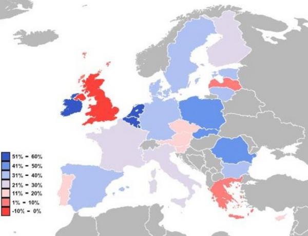 <p>�ye �lke vatanda�lar�n�n Avrupa Birli�i hakk�ndaki g�r��lerini g�steren harita</p>    Y�zdeler insanlar�n AB �yeli�inin �lkeleri i�in ne kadar "iyi" oldu�unu d���nd�klerini g�steriyor