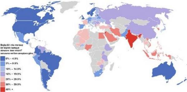 Farkl� �rka mensup bir ki�inin kom�unuz olmas�n� ister miydiniz? sorusuna verdikleri cevaplara g�re:Mavi renkli �lkelerde insanlar bunun kendileri i�in sorun yaratmayaca��n� belirtirken, k�rm�z� renkli �lkelerde ya�ayanlar bunun sorun olaca��n� belirtiyor.