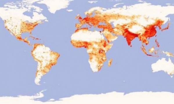 Dnya nfusunun en ok younlat blgeler younluk derecesine gre beyazdan krmzya doru renklendirilmi.