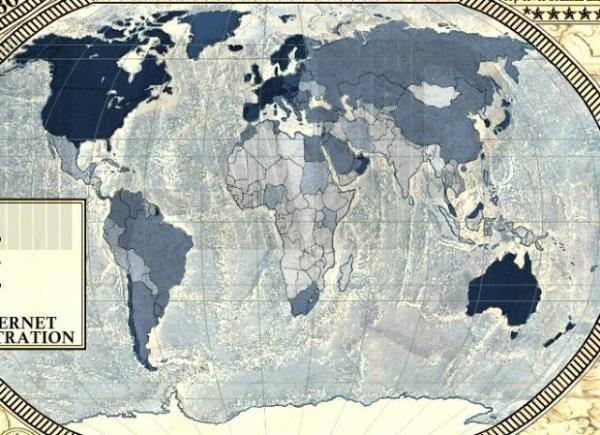 nternetin kullanm younluu haritasnda ise koyu renkten aa doru internet kullanmnn younluu oktan aza doru gsteriliyor. Trkiye orta seviyelerde yer alrken, Avustralya, ABD, Kanada ve pek ok Avrupa lkesi interneti en youn kullanan blgeler olarak grlyor.
