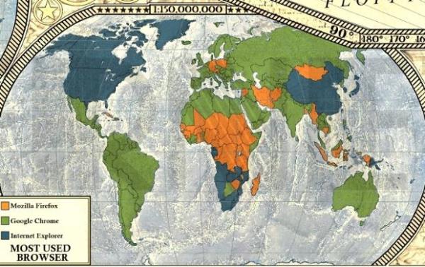 <p><b>Peki ya web tarayclarnn dnya kullanm nasl?</b></p>   Yeil renkle temsil edilen Chrome Trkiye dahil pek ok lkede en ok kullanlan tarayc. ABD, Kanada ve in'de Internet Explorer arlk kazanrken, Afrika ktas ve baz Asya lkelerinde de Firefox egemen durumda.