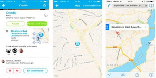 <p><b>2. iPhone'da adres bulmann en kolay yolu Foursquare'dir.</b>/<p>  Gireceiniz yerin adn yazacaksnz, kan sonutan haritaya basacaksnz, daha sonra foursquare iinde alan haritada sa stteki "Ynlendirmeler"e basacaksnz. Bylece Apple Maps direk olarak alp sizi gideceiniz yere gtryor! ok kolay!