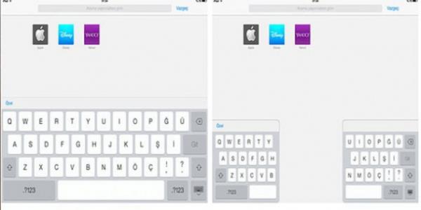 16. Bu da iPad bonusu: iPad'de klavye sol taraftaki gibiyken ba parmaklarnzla tutup yanlara ayrsanz sadaki gibi olur ve iki elle daha rahat ekilde yazabilirsiniz