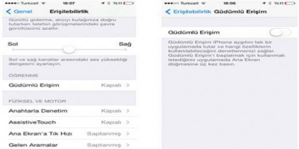 <p>4. ocuklar cihaznzla oynarken Genel Ayarlar'daki Eriilebilirlik menusunden Gdml Eriim'i aktifletirin...</p>  ocuklar iPad ya da iPhone ile oynarken yanllkla baka uygulamalar amasn, yanl eyleri silmesin diye sadece tek bir uygulamay aktifletirip o uygulamann iinde de hangi tulara basabileceini semenizi salayan bu zellik ocuk sahipleri iin vazgeilmez..