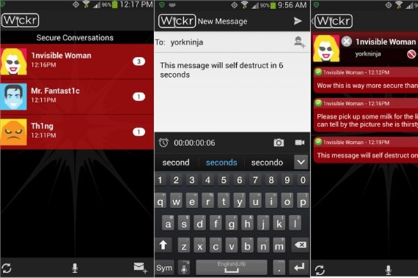 <p><b>Wickr</b></p>  iOS ve Android iin gelitirilen Wickr mesajlama yazlm, askeri seviyede gvenlik nlemleri ieriyor. Kullanclar gnderdikleri mesajlarn belli bir sre ierisinde kendi kendini yok etme seeneini kullanabiliyor.