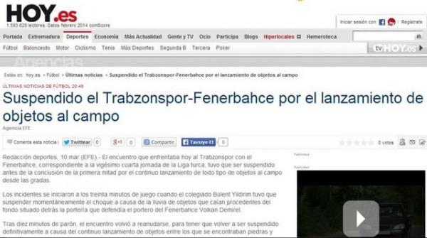 <p><b>HOY </b></p>  "Fenerbahe-Trabzonspor ma sahaya yaan maddelerden tr tatil edildi"