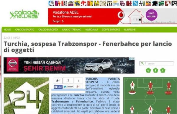 <p><b>CALCIO NEWS 24 </b></p>  "Trabzonspor ve Fenerbahe arasnda oynanan ma kzgn taraftarlarn sahaya maddeler atlmas nedeniyle tatil edildi"