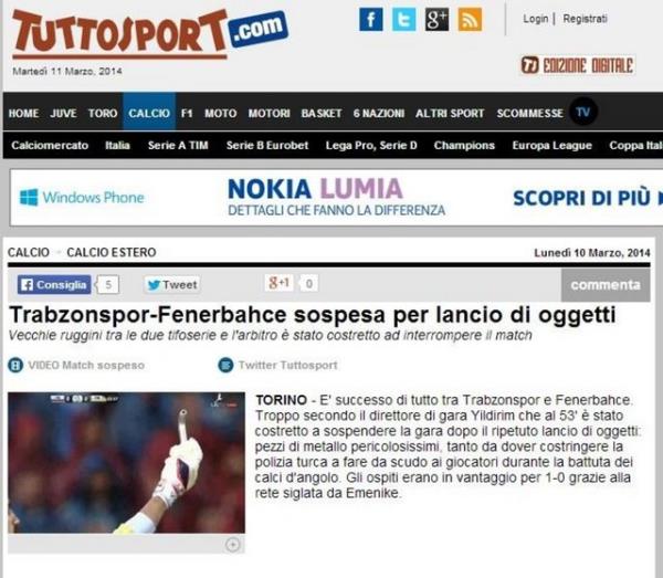 <p><b>TUTTO SPORT </b></p>  "Trabzonspor ve Fenerbahe arasnda oynanan mata her ey oldu! Metal maddeler atlmas nedeniyle ma tatil edildi. Trk polisi oyuncular kalkanlaryla korudu"