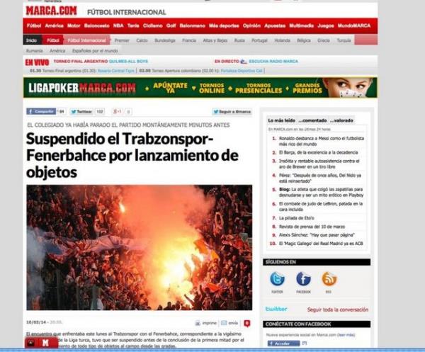 <p><b>MARCA </b></p>  "Hakem Blent Yldrm'n karar Fenerbahe kalecisi Volkan Demirel'in hemen arkasna atlan maddelerden sonra geldi. Atlan maddeler arasnda kayalar ve iaret fiekleri de vard"