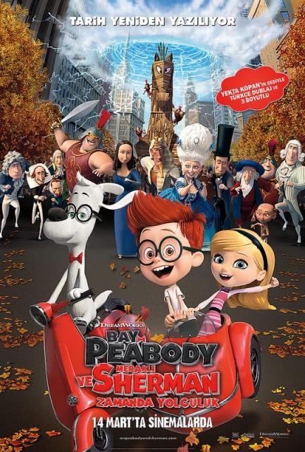 <p><b>Bay Peabody ve Merakl Sherman: Zamanda Yolculuk</b></p>  Rob Minkoff'un ynettii ve Ariel Winter, Leslie Mann, Allison Janney ile Patrick Warburton'un seslendirdii Bay Peabody ve Merakl Sherman: Zamanda Yolculuk (Mr. Peabody & Sherman), 14 Mart 2014?de Tiglon Film datmyla Fida Film tarafndan vizyona karlyor.