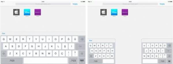 iPad'de klavye sol taraftaki gibiyken ba parmaklarnzla tutup yanlara ayrsanz sadaki gibi olur ve iki elle daha rahat ekilde yazabilirsiniz