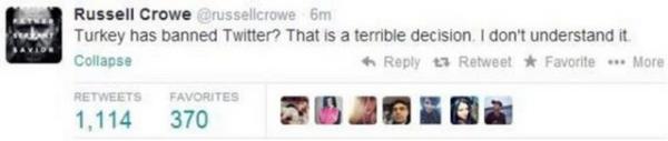 <p><b>NLLERDEN TWTTER TEPKS</b></p>  Russel Crowe att Tweet'te "Trkiye, Twitter' yasaklam m! Bu korkun bir karar. Bunu anlamyorum" yazd.