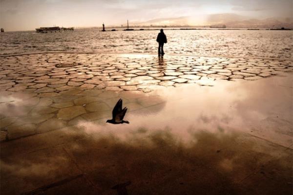 Bakr rengi sular, atlayan toprak, tek bana yryen ocuk ve gvercin... Ali hsan Mimta bir bilimkurgu filmi sahnesini hatrlatan bu grnty zmir&#8217;de yakalam. Fotoraf 'nsan' kategorisinde nc oldu. Ali hsan Mimta, zmir, 2011