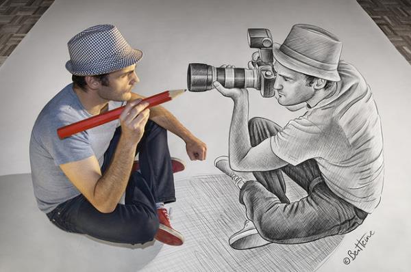 Belikal artist Ben Heine fotoraf ve kara kalem almalarn harmanlayarak dsel eserler ortaya kartyor.