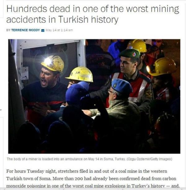 <p><b>Dnyann birinci haberi</b></p>  Manisa'nn Soma ilesinde yaanan maden kazas d basnn da manetlerine tand. Kara haber, birok yayn organ tarafndan birinci sradan okurlarla paylalyor