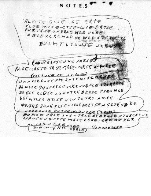 ki sayfalk bu not, rastgele dizilmi harflerden oluan bir diziyi ve aralkl parantezleri ieriyordu.