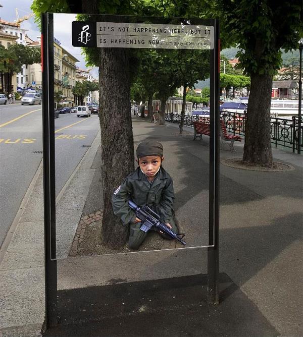 <p>16. Burada olmuyor, ama u anda oluyor</p>  ocuk Askerler konusuna dikkat eken bir kampanya.