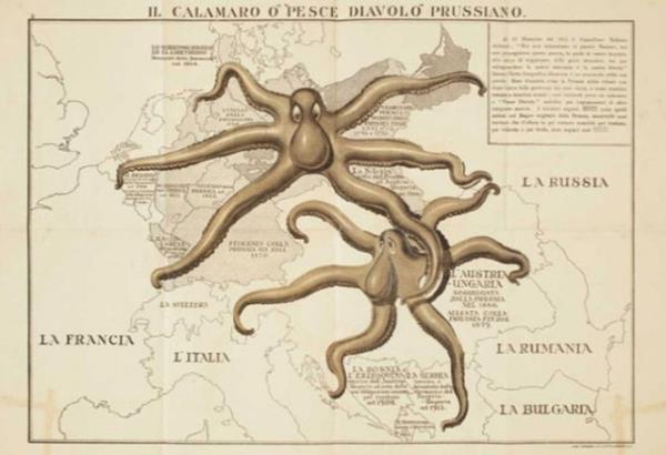 ngiltere'de yaymland tahmin edilen bu propaganda haritasnda ise, Prusya ve Avusturya-Macaristan mparatorluu ahtapota benzetilmi. ki ahtapot, Avrupa haritasn sararken grlyor.